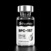 BPC 157 10mg Close-up of a glass peptide vial with a silver cap and black label, showing the code BPC-157, 10 mg, and purity ≥99% for research use only