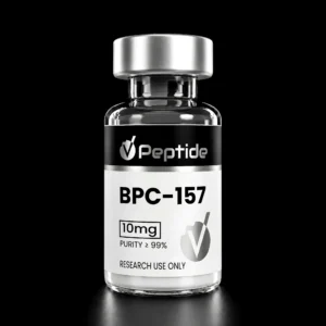 Close-up of a glass peptide vial with a silver cap and black label, showing the code BPC-157, 10 mg, and purity ≥99% for research use only