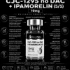 CJC no DAC + Ipamorelin 10mg Infographic poster for a peptide product showing a bottle labeled CJC-1295 no DAC + IPAMORELIN (5/5) 10 mg.