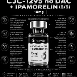 Infographic poster for a peptide product showing a bottle labeled CJC-1295 no DAC + IPAMORELIN (5/5) 10 mg.