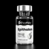 Close-up of a peptide vial with a silver cap, black label reading 'Peptide' and 'Epithalon' with 10 mg, purity 99%, for research use only.