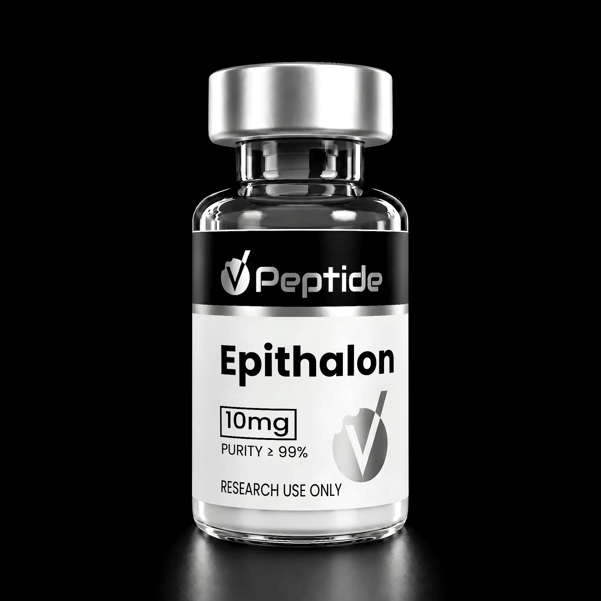 Close-up of a peptide vial with a silver cap, black label reading 'Peptide' and 'Epithalon' with 10 mg, purity 99%, for research use only.