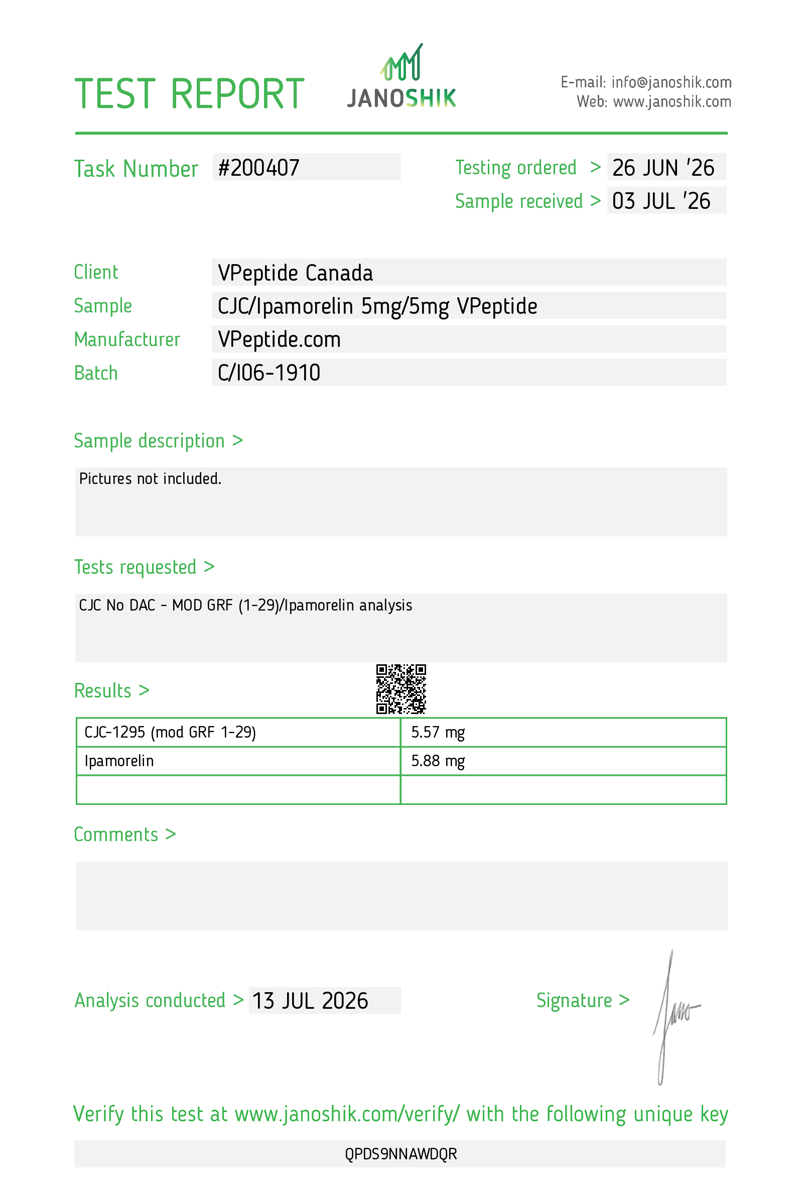 Test Report #200407 Test report page for VPepTide Canada showing task #200407, sample details and results table.