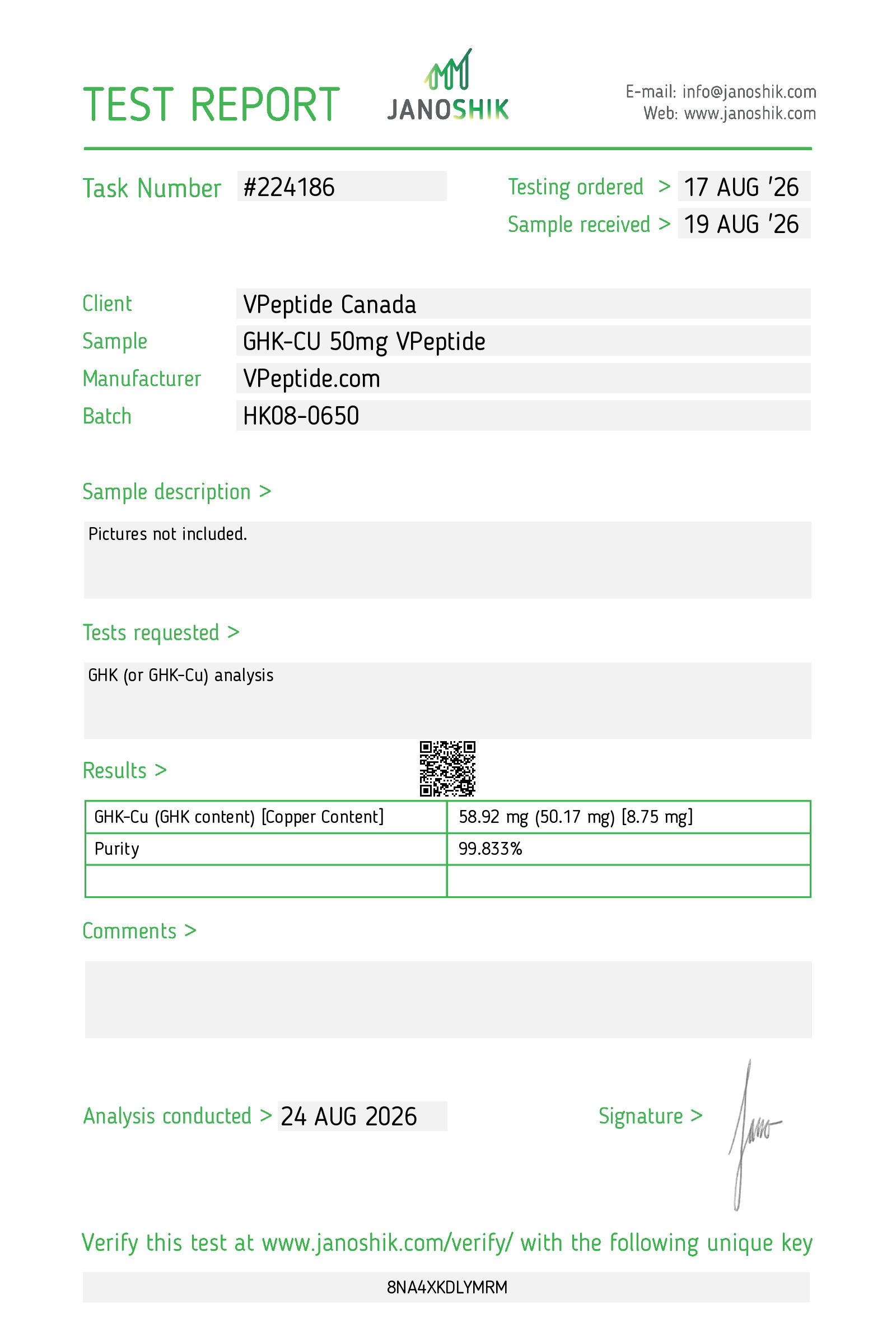 Test Report #224186 Test report page header with task #224186, order and receipt dates, and client/sample details of the test