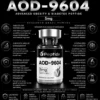 AOD-9604 5mg Infographic promoting AOD-9604 peptide with a bottle image, branding, and notes on research use and purity.