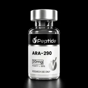 Close-up of a glass bottle with a silver cap; label reads ARA-290, 20 mg, purity ≥99%, Research Use Only.
