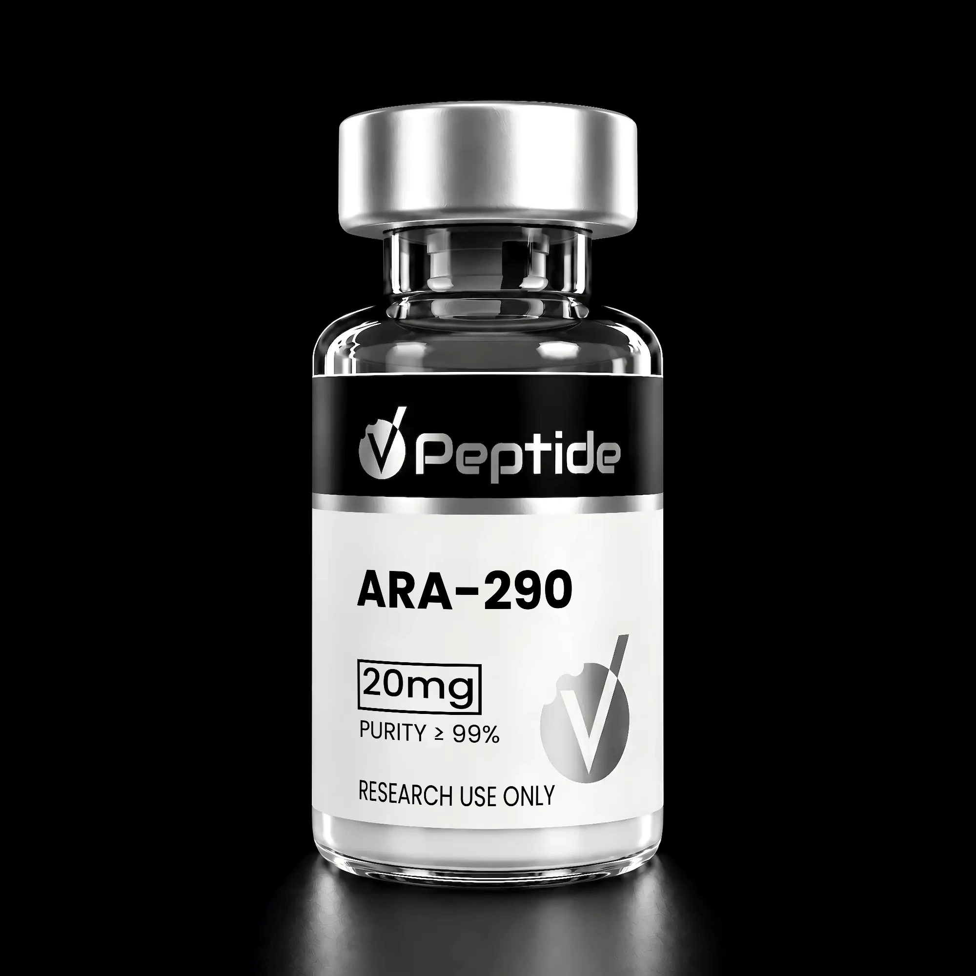Close-up of a glass bottle with a silver cap; label reads ARA-290, 20 mg, purity ≥99%, Research Use Only.