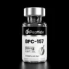BPC 157 50mg Close-up of a glass peptide vial with a silver cap; label reads BPC-157, 50 mg, purity ≥99%, Research Use Only.
