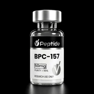 Close-up of a glass peptide vial with a silver cap; label reads BPC-157, 50 mg, purity ≥99%, Research Use Only.