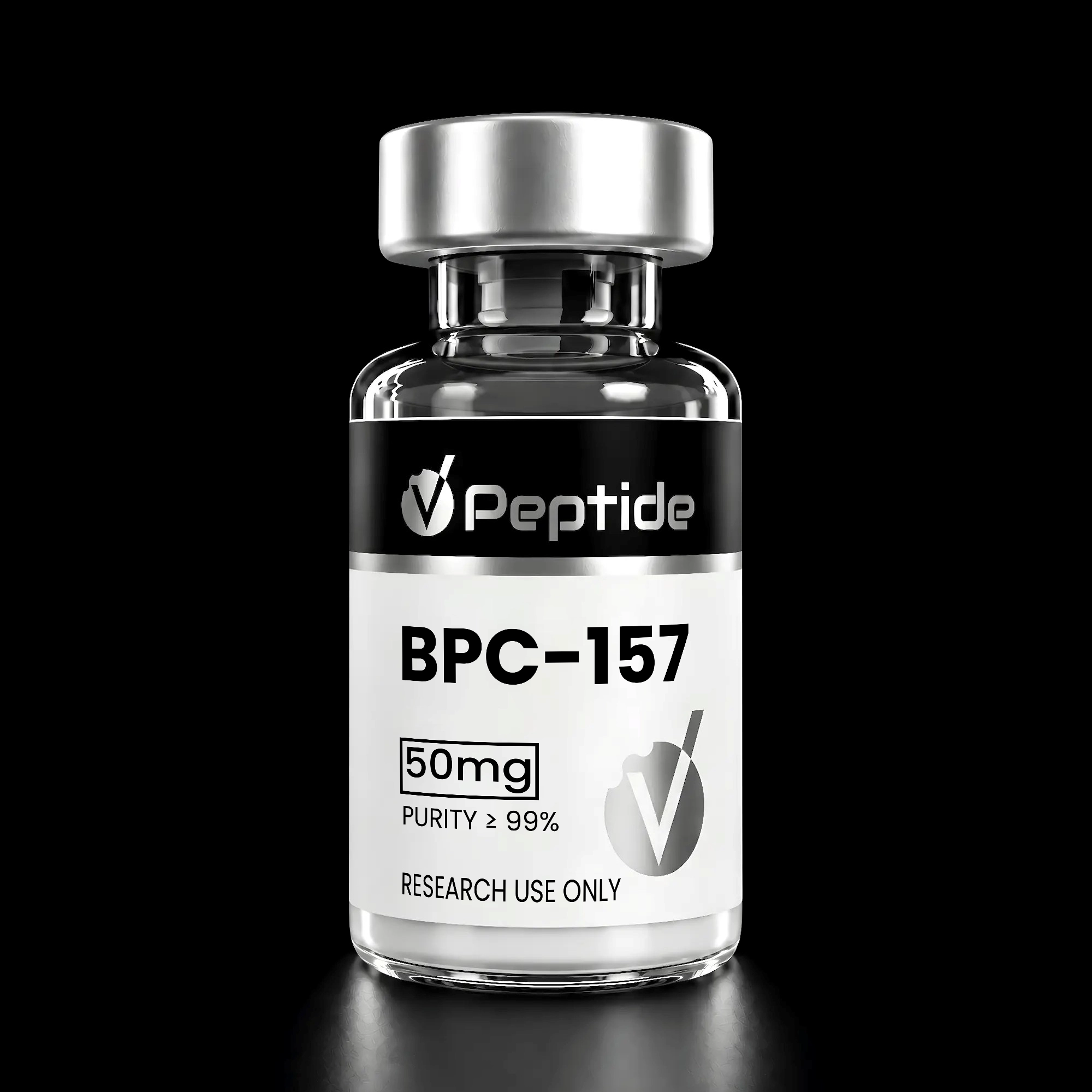 Close-up of a glass peptide vial with a silver cap; label reads BPC-157, 50 mg, purity ≥99%, Research Use Only.
