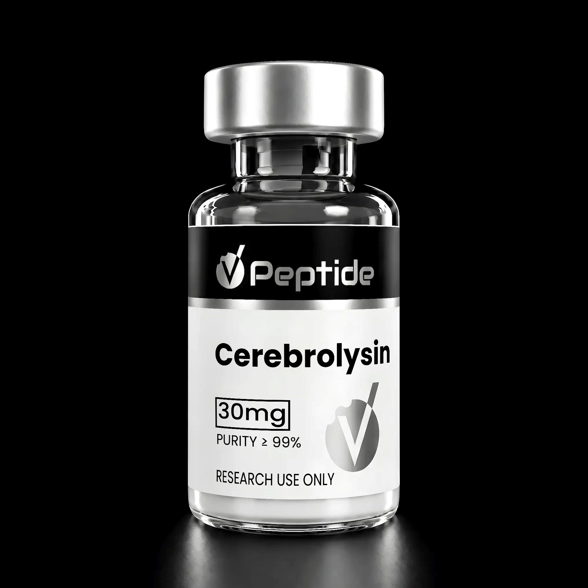 Close-up of a clear glass bottle with a silver cap on a black background; label reads Cerebrolysin, 30 mg, purity ≥99%, for research use only.