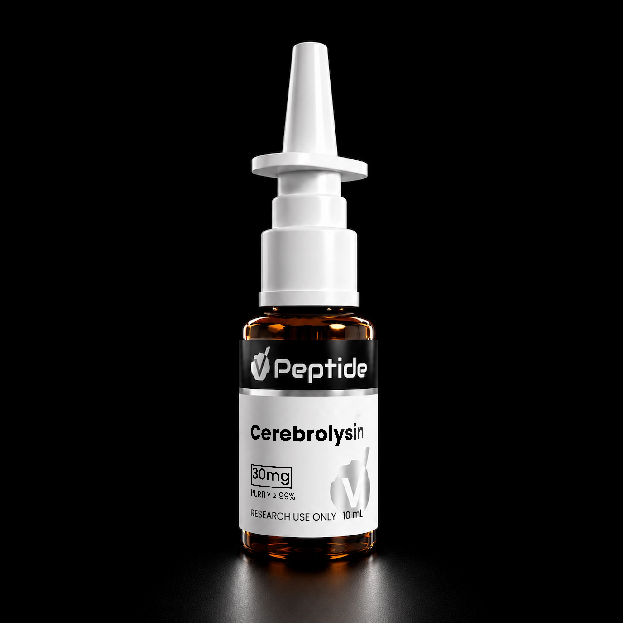 Close-up of a white syringe-like applicator attached to an amber cerebrolysin vial against a black background, highlighting the medical device setup.