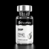 DSIP 5mg Close-up of a glass peptide vial with a shiny metal cap; label shows 'Peptide' and 'DSIP', partial text includes '5 mg' and 'PURITY ≥ 99%', 'RESEARCH USE ONLY'