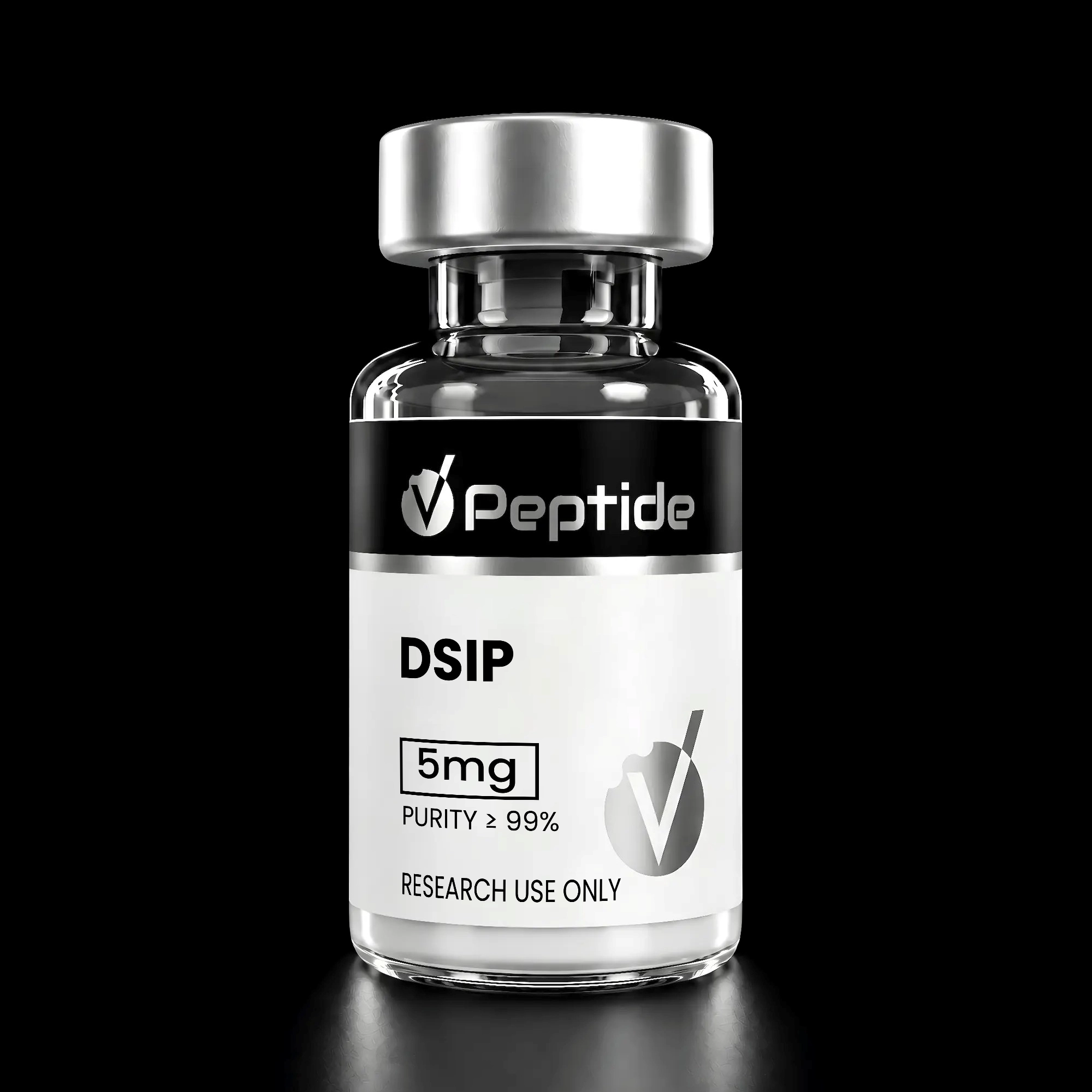 Close-up of a glass peptide vial with a shiny metal cap; label shows 'Peptide' and 'DSIP', partial text includes '5 mg' and 'PURITY ≥ 99%', 'RESEARCH USE ONLY'