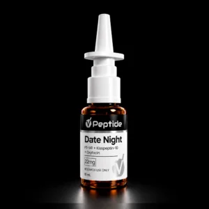 Close-up of a white syringe atop a brown glass bottle; label reads 'Date Night' peptide on a dark background.