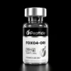 FOXO4 DRI 10mg Close-up of a glass peptide vial with a silver cap and black label showing 'Peptide' and 'FOX04-DRI', for research use only (10 mg, purity ≥99%).