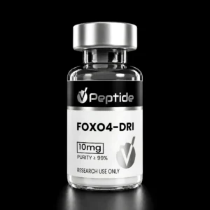 Close-up of a glass peptide vial with a silver cap and black label showing 'Peptide' and 'FOX04-DRI', for research use only (10 mg, purity ≥99%).
