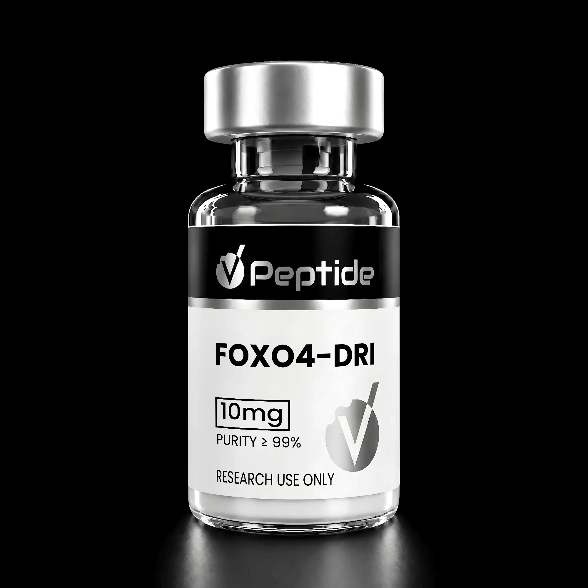 Close-up of a glass peptide vial with a silver cap and black label showing 'Peptide' and 'FOX04-DRI', for research use only (10 mg, purity ≥99%).