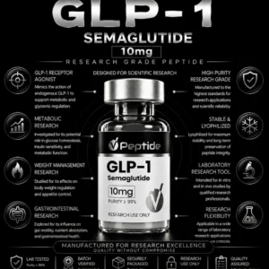 Infographic-style image of a GLP-1 semaglutide bottle with the branding 'V Peptide' and '10 mg', surrounded by informational icons and text about research-grade peptide benefits.