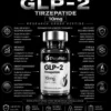 Tirzepatide 10mg Infographic of a GLP-2 tirzepatide bottle (10 mg) with surrounding icons and text describing research-grade, lab use, and manufacturing standards.