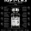 IGF1-LR3 1mg Infographic showing an IGF-1 LR3 peptide bottle with notes on potency, purity, and research use in a dark design.