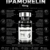 Ipamorelin 10mg Ipamorelin 10mg infographic with a central bottle and labeled benefits around it on a black background (research peptide).
