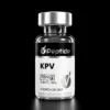 Close-up of a glass peptide vial with a shiny silver cap and a black label reading 'Peptide' against a black background.