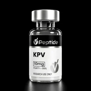 Close-up of a glass peptide vial with a shiny silver cap and a black label reading 'Peptide' against a black background.