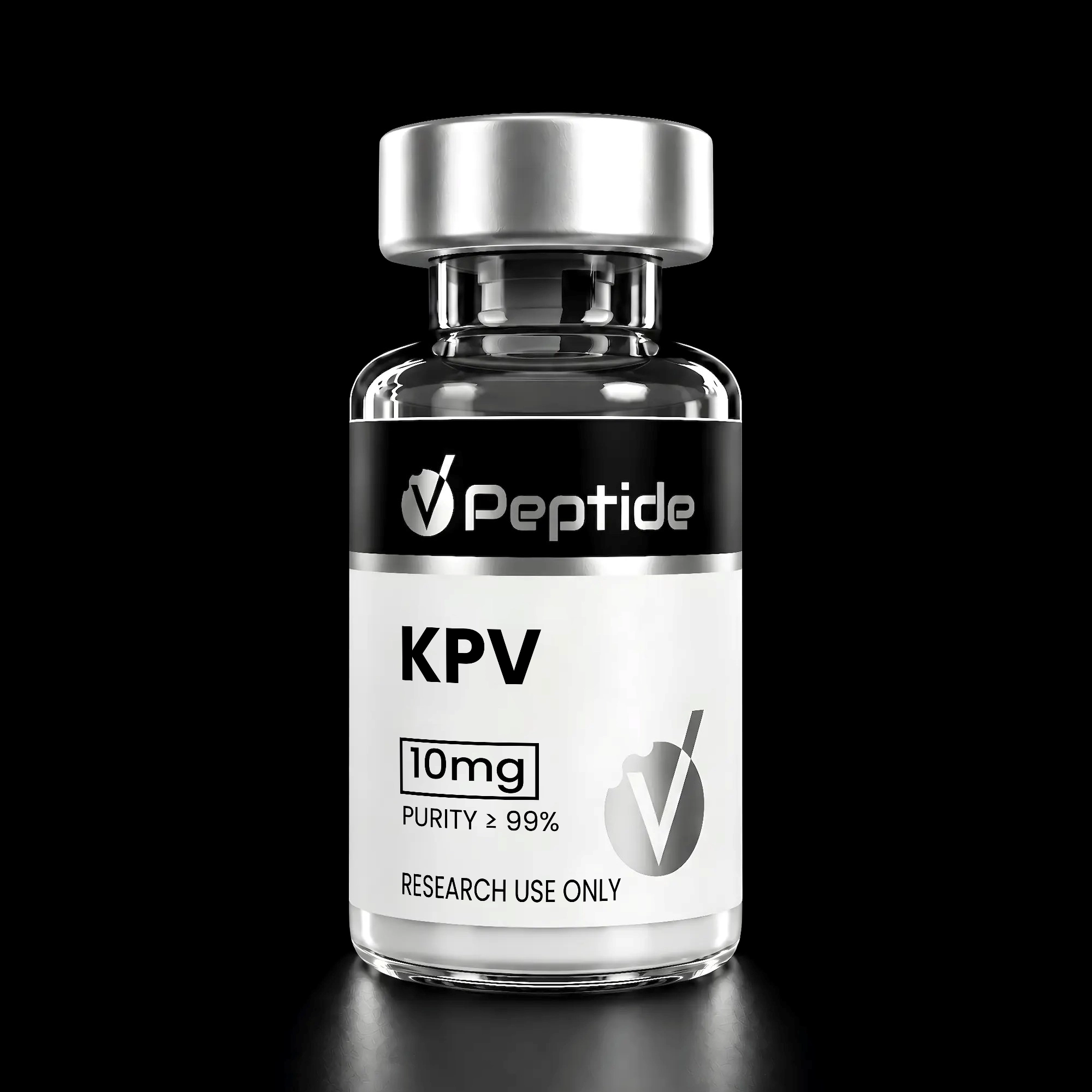 Close-up of a glass peptide vial with a shiny silver cap and a black label reading 'Peptide' against a black background.