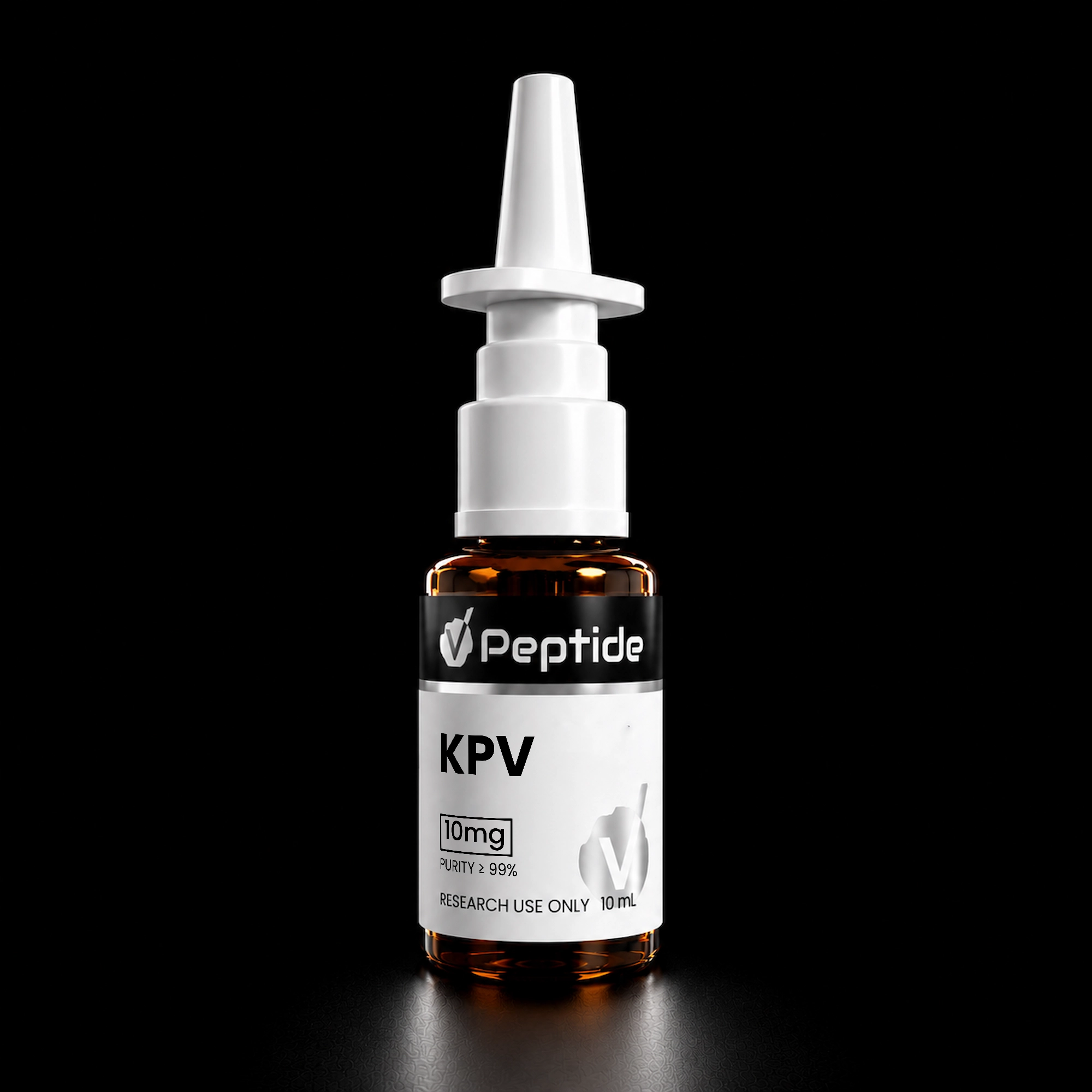 Close-up of a white dropper bottle with a black 'Peptide' label against a black background, with an amber bottom visible below.