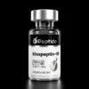 Close-up of a glass vial with a silver cap and a black label reading 'Kisspeptin-10' for research use only, suggesting a peptide sample.