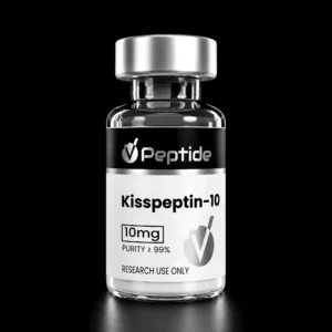 Close-up of a glass vial with a silver cap and a black label reading 'Kisspeptin-10' for research use only, suggesting a peptide sample.