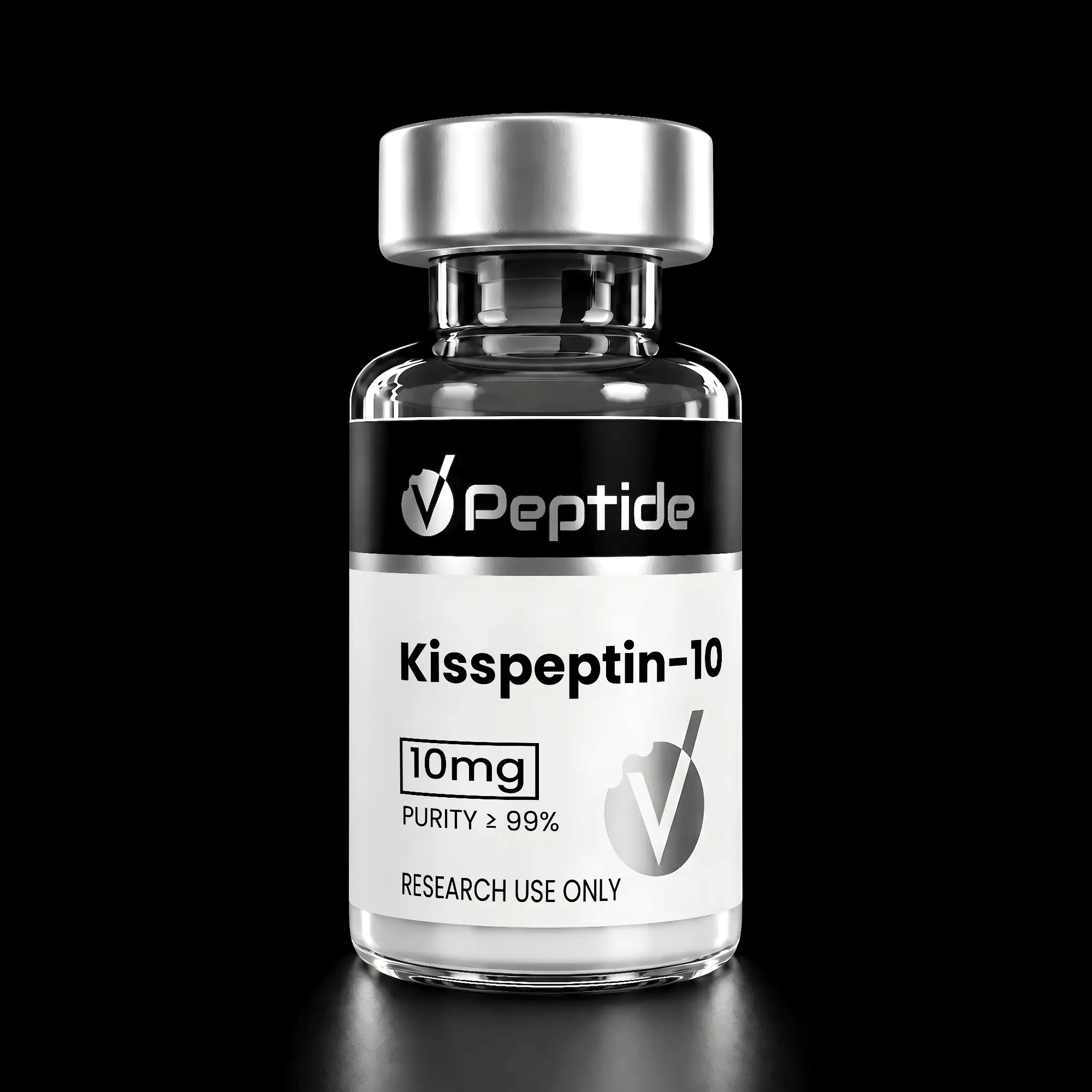 Close-up of a glass vial with a silver cap and a black label reading 'Kisspeptin-10' for research use only, suggesting a peptide sample.