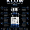 KLOW 80mg Infographic poster for a peptide product called KLOW, featuring a central bottle and surrounding icons with research features and labels like '80mg' and 'high purity'.