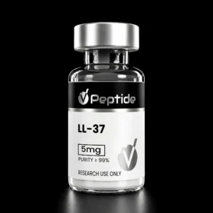 Close-up of a glass peptide vial with a metallic cap; label shows 'Peptide', LL-37, 5 mg, purity 99%, for research use only.