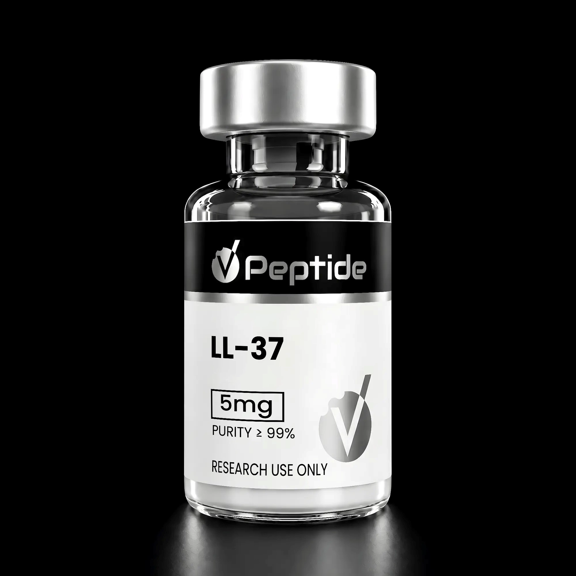 Close-up of a glass peptide vial with a metallic cap; label shows 'Peptide', LL-37, 5 mg, purity 99%, for research use only.