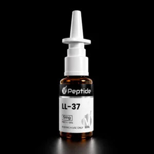 Close-up of a white syringe-like device above a brown peptide bottle on a black background.