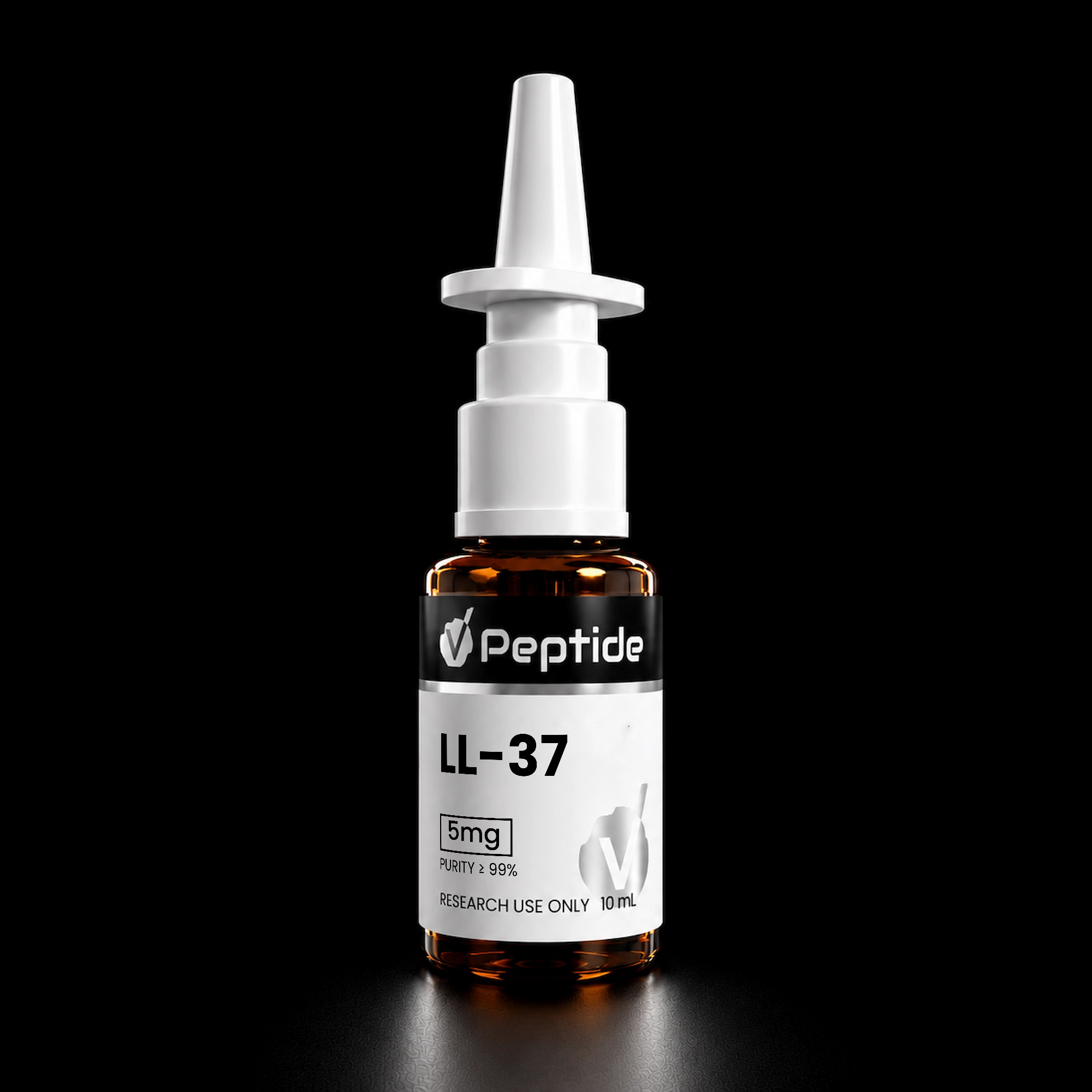 Close-up of a white syringe-like device above a brown peptide bottle on a black background.