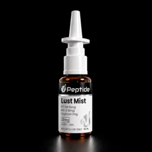 White cosmetic bottle with a tall white nozzle and a black peptide label, set against a black background (Lust Mist product).