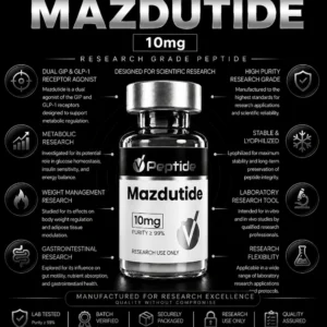 Promotional infographic for Mazdutide 10mg peptide with a central vial and surrounding feature icons and text lines.