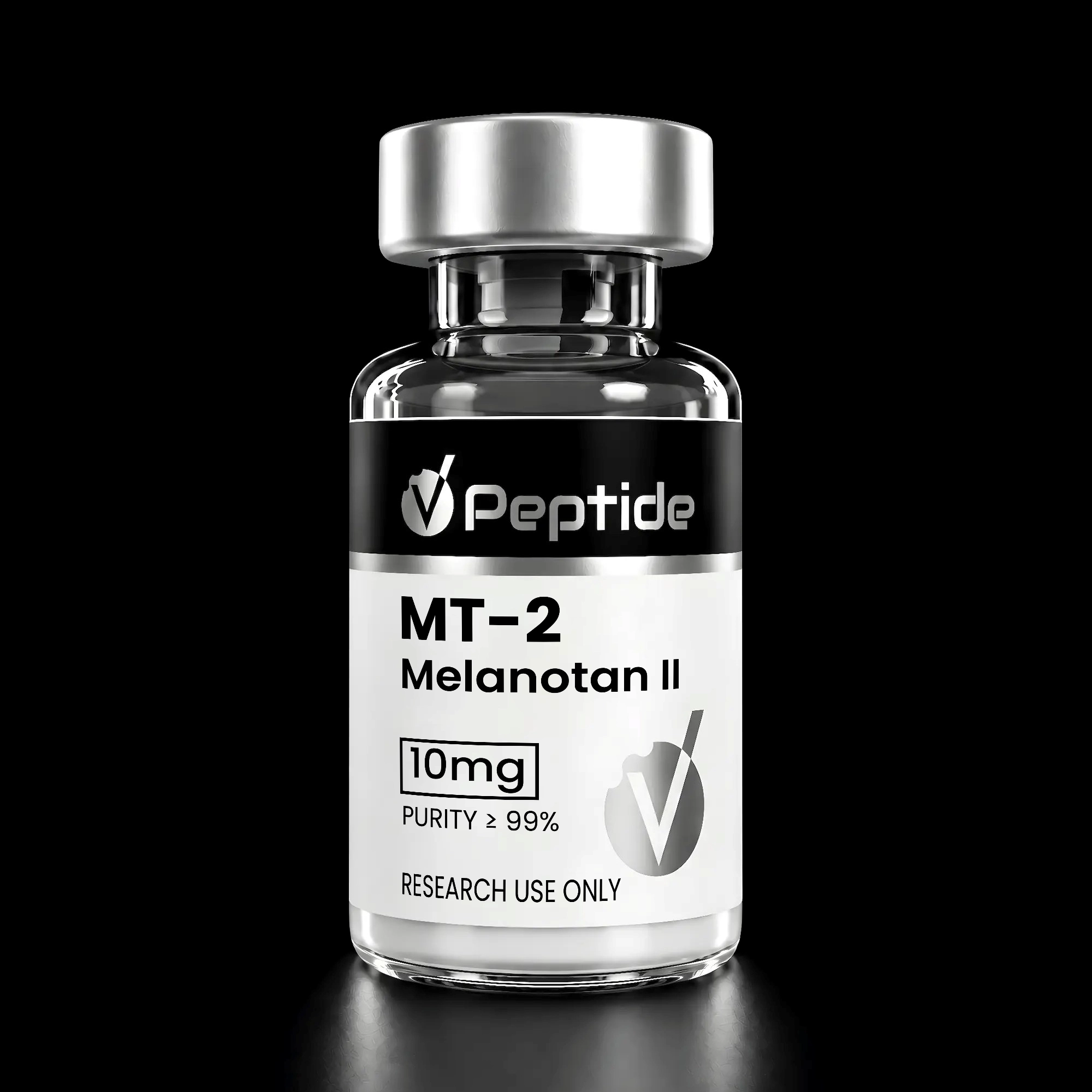 Bottle of MT-2 Melanotan II peptide with silver cap and black label, showing 10 mg and purity 99% for research use only (brand: VPeptide)