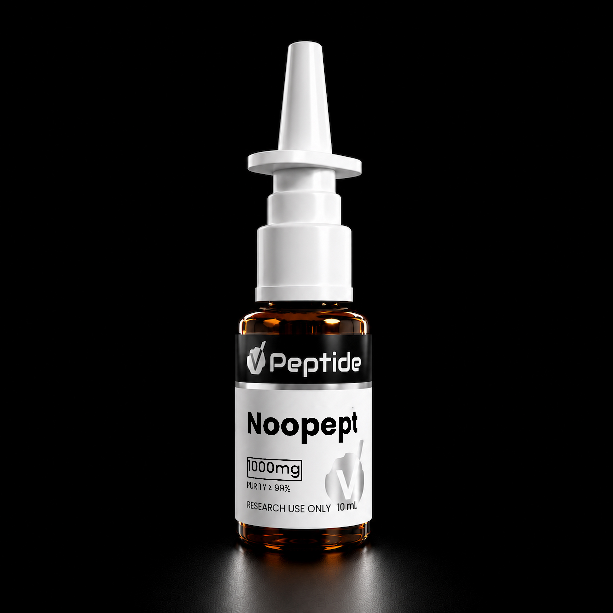 Close-up of a white dropper-style bottle with a pointed nozzle and a black 'Peptide' label against a black background.