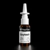 Close-up of a white syringe-like device with an Oxytocin label and amber vial visible below against a black background.