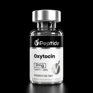 Close-up of a glass vial with a silver cap on a black background; label shows Oxytocin peptide, 2 mg, purity ≥99%, for research use only.