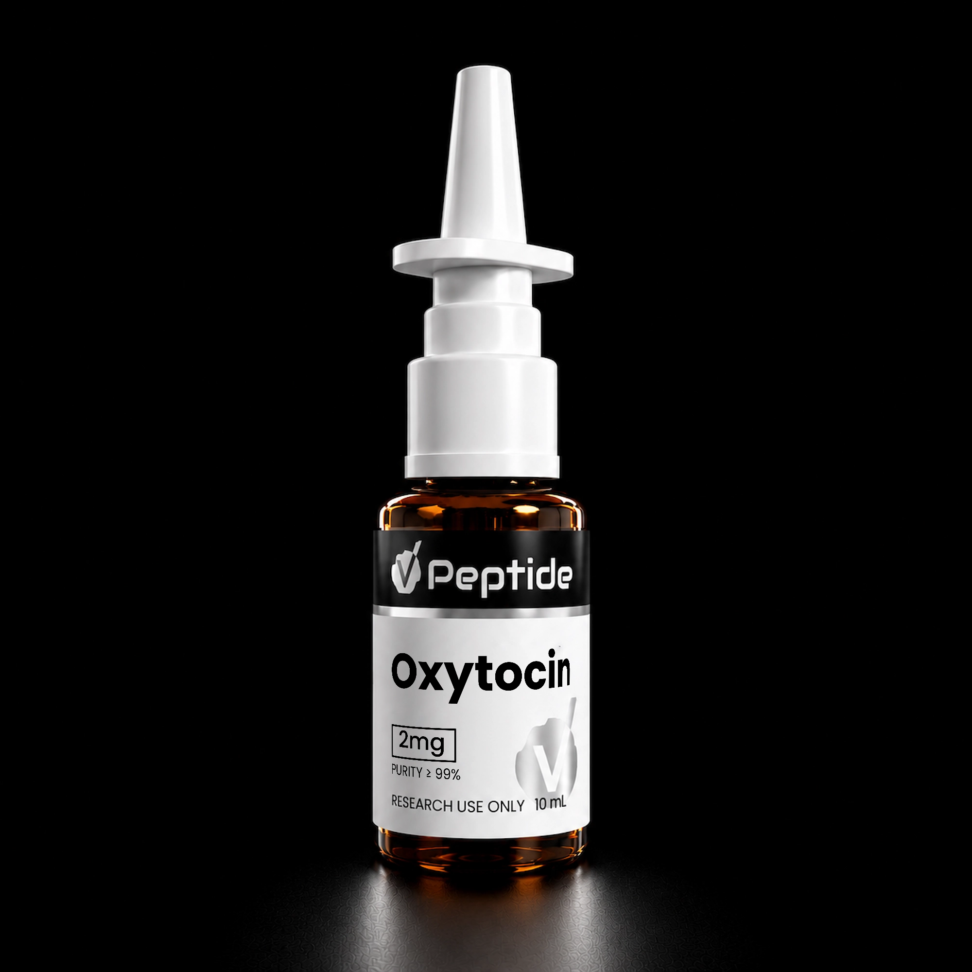 Close-up of a white syringe-like device with an Oxytocin label and amber vial visible below against a black background.