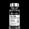 Close-up of a glass vial with a silver cap and black label reading 'Peptide'; shows 'PT-141 (Bremelanotide)' and '10 mg' for research use only.