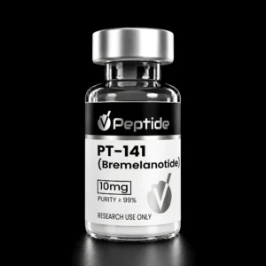 Close-up of a glass vial with a silver cap and black label reading 'Peptide'; shows 'PT-141 (Bremelanotide)' and '10 mg' for research use only.