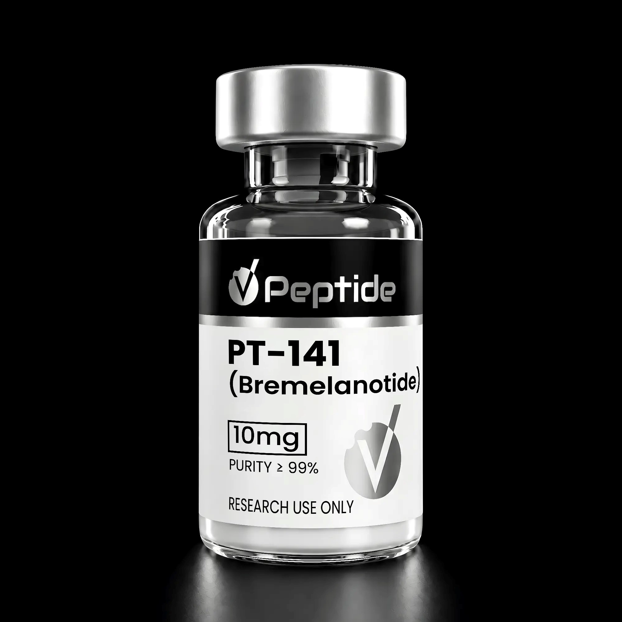Close-up of a glass vial with a silver cap and black label reading 'Peptide'; shows 'PT-141 (Bremelanotide)' and '10 mg' for research use only.