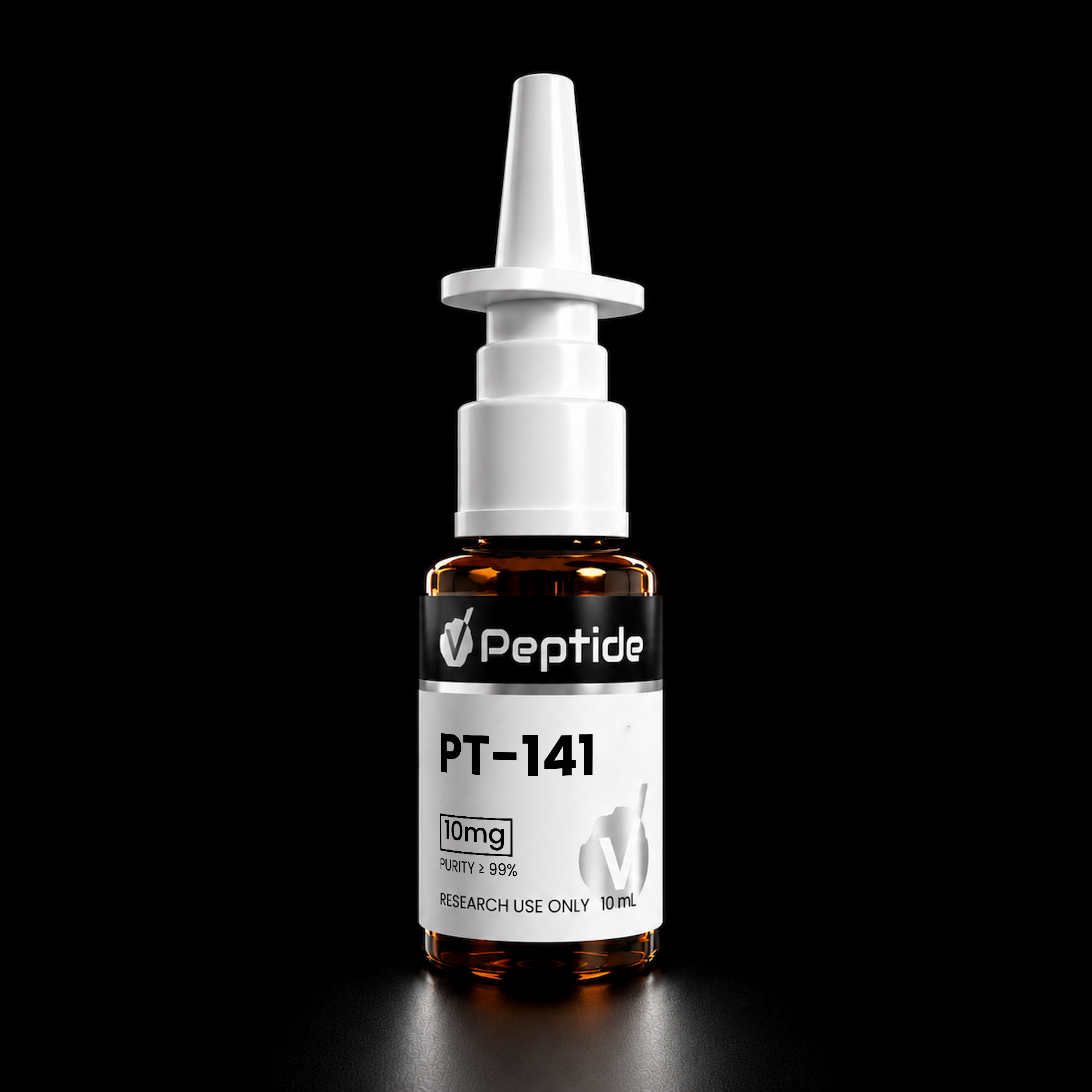 White dropper bottle with an orange-tinted bottom and a black 'Peptide' label, set against a black background (product shot).