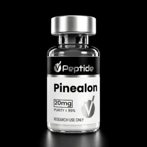 Close-up of a glass vial with a silver cap; label reads 'Peptide Pinealon', '20 mg', purity 99%, and 'RESEARCH USE ONLY'.